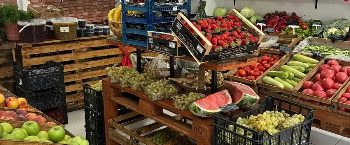 Десният щанд с цитруси, деликатеси и разнообразие